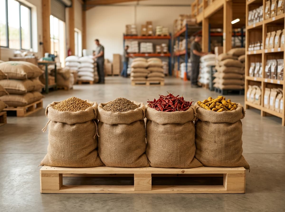 Wholesale spice sacks stored cleanly on pallets